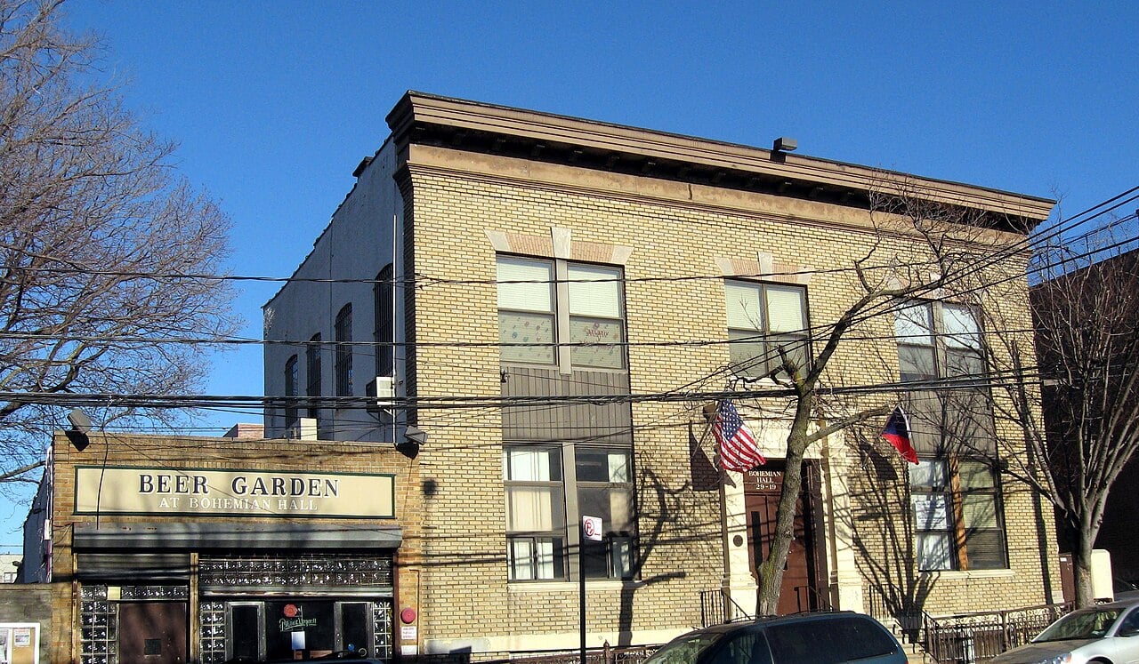 Historic facade of Bohemian Hall in Astoria, Queens
