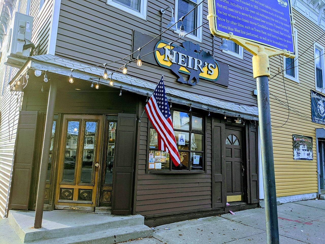 Neir’s Tavern entrance and historic marker in Woodhaven, photographed in 2019