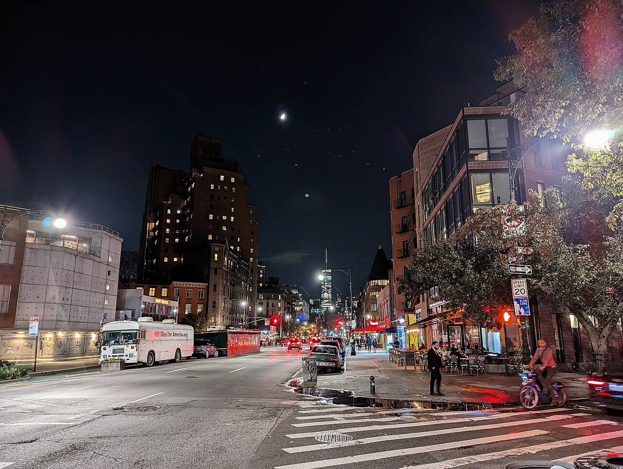 Seventh Avenue South and West 11th Street at night in the West Village
