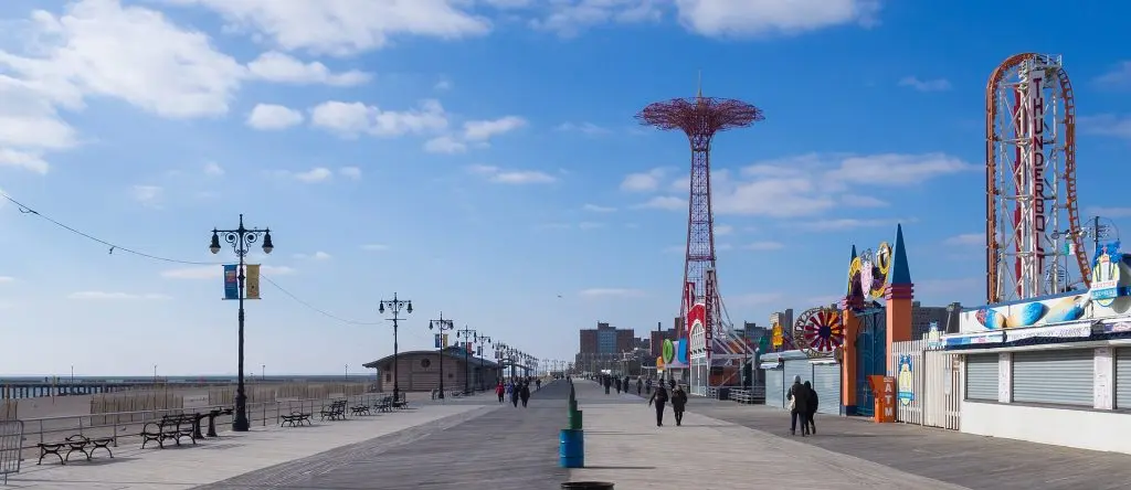 Coney Island boardwalk looking west toward the Parachute Jump