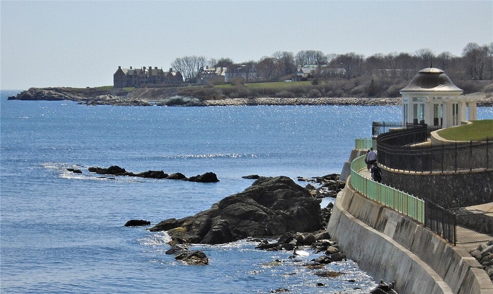 Sheep Point Cove and the Cliff Walk gazebo at Angelsea in Newport, Rhode Island