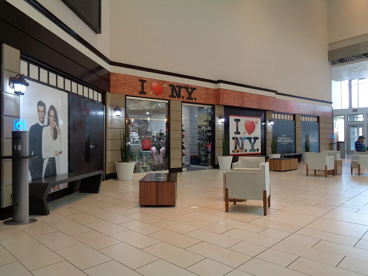 Shops and the indoor concourse at The Mills at Jersey Gardens