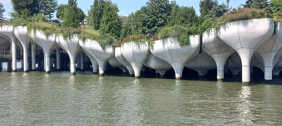 Little Island rising above the Hudson River on sculptural concrete supports