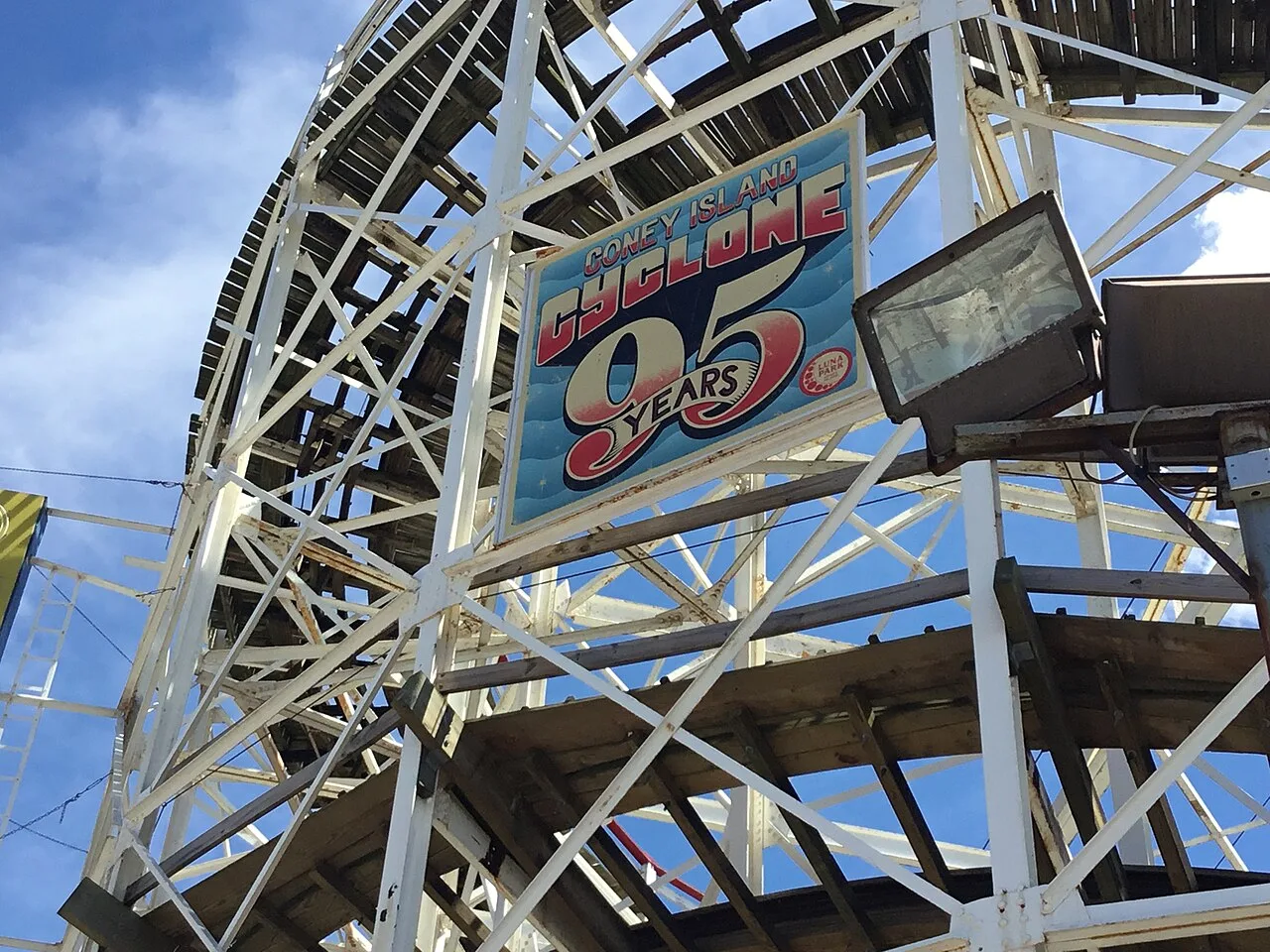 The wooden tracks and structure of the Coney Island Cyclone in August 2022