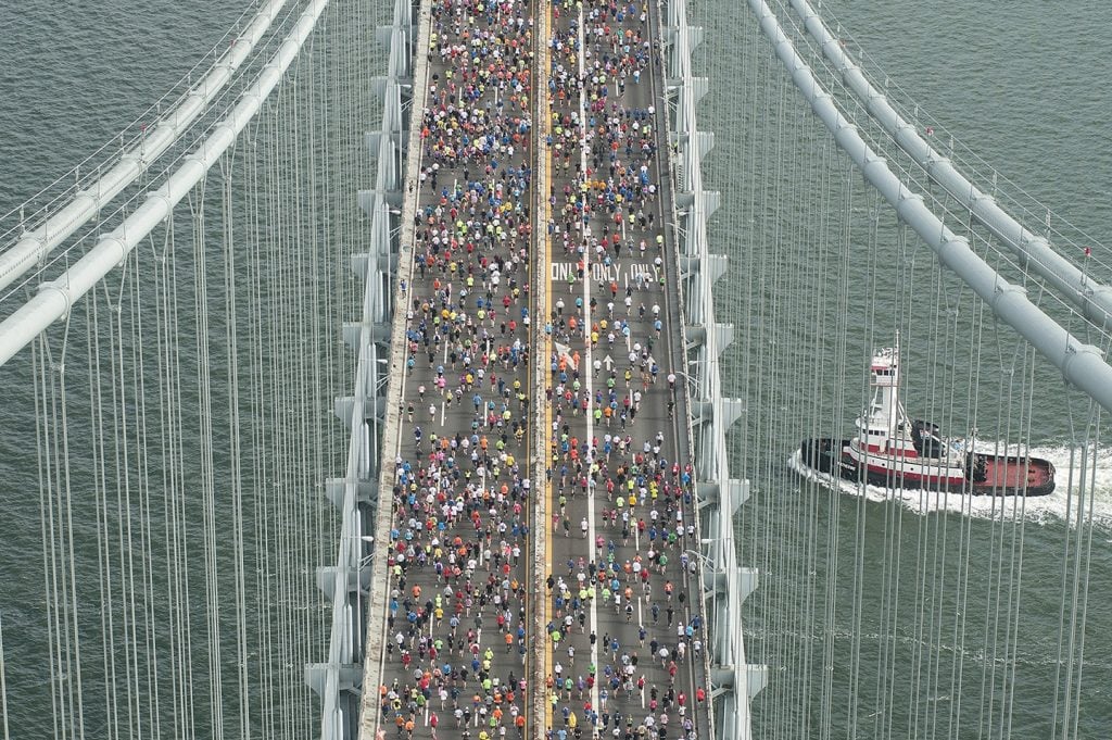Aerial view of runners crossing the Verrazzano-Narrows Bridge during the 2013 NYC Marathon