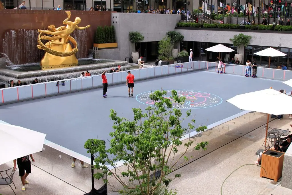 Rockefeller Center’s lower plaza and Prometheus during its 2022 roller-skating season