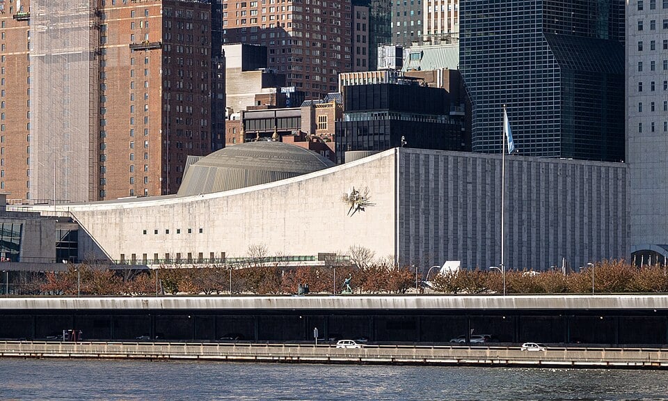 United Nations General Assembly building seen across the East River
